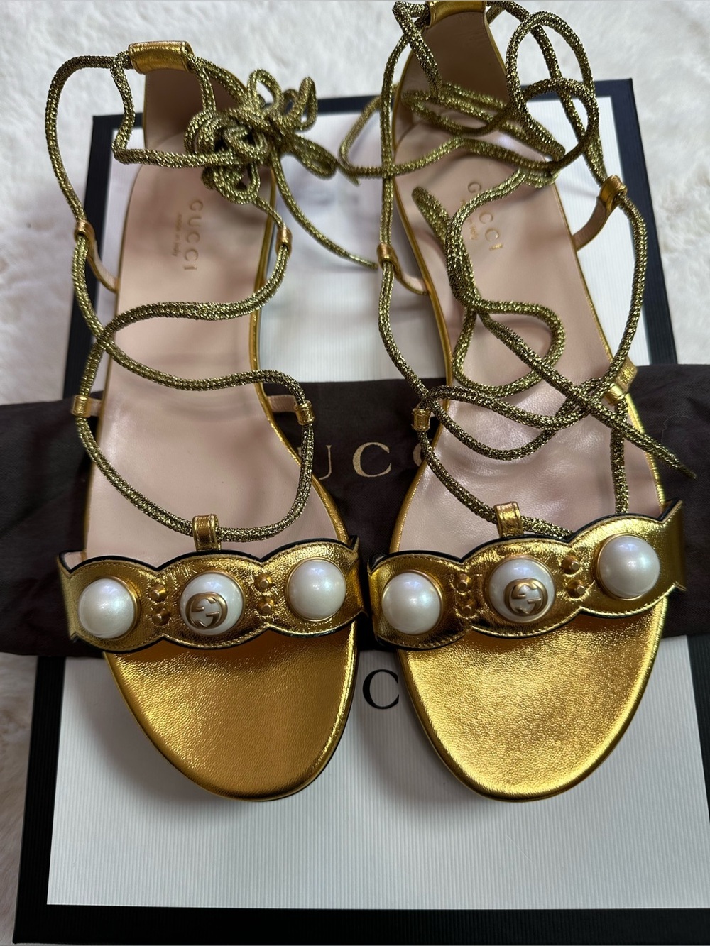 Gucci Metallic Gold Lace-Up Sandals - Picture 1 of 16